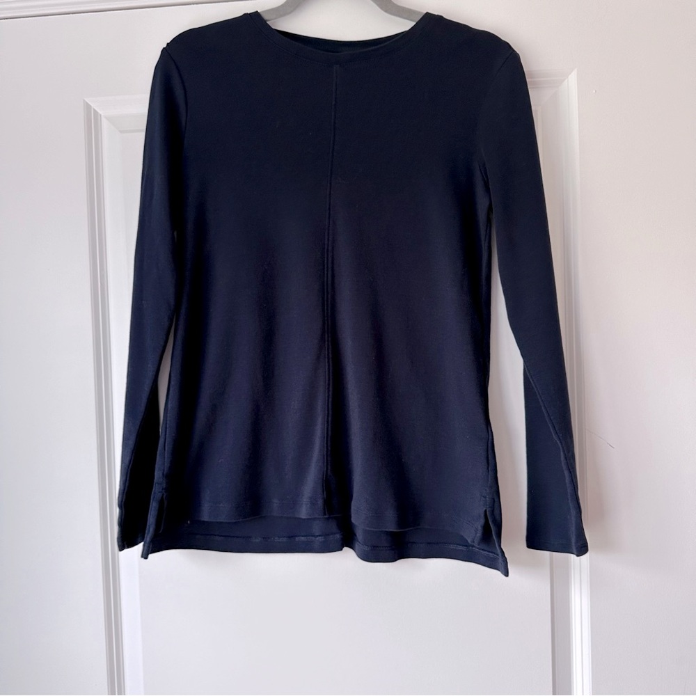 J.Jill Pima Crew-Neck Cotton High-Low Tee, Long Sleeve, Navy Blue, Small